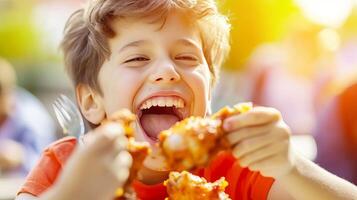 ai gerado feliz pré-adolescente desfrutando frito frango dentro restaurante com borrado fundo e cópia de espaço foto