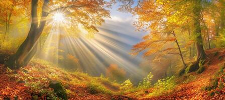 ai gerado encantador silencioso floresta dentro outono com lindo brilhante Sol raios Como mágico floresta fundo foto