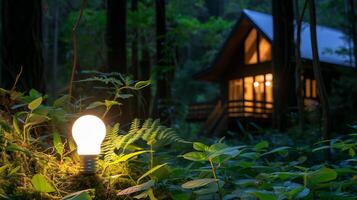 ai gerado verde eco amigáveis casa modelo com luz lâmpada em chão, real Estado idéia conceito foto