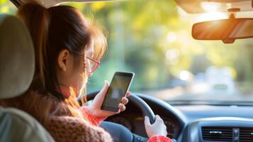 ai gerado descuidado jovem mulher usando Smartphone enquanto dirigindo carro, pondo em perigo estrada segurança foto