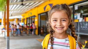 ai gerado alegre jovem escola menina caminhando para escola construção com espaço para texto, traseiro Visão foto