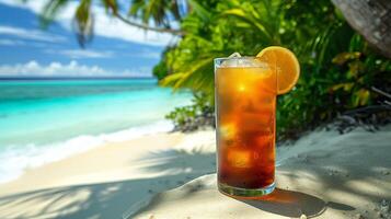 ai gerado tropical grandes ilha gelado chá com borrado de praia fundo, perfeito para texto e relaxamento foto