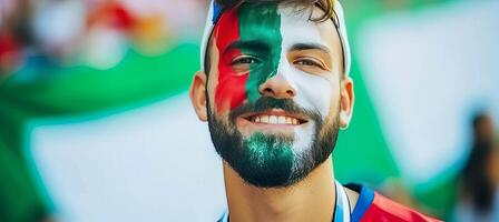 ai gerado entusiasmado italiano ventilador com face pintado dentro bandeira cores torcendo às estádio evento foto