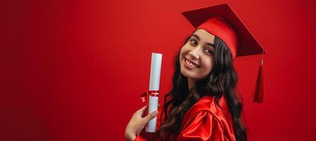 ai gerado radiante graduado com diploma contra vermelho estúdio fundo, ideal para publicidade com cópia de espaço. foto