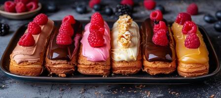 ai gerado sortido francês eclair sobremesas dentro uma branco prato com vários sabores e cores foto