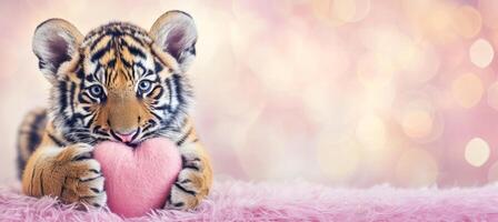 ai gerado tigre filhote apresentando coração em forma presente em borrado mágico fundo para namorados s dia foto