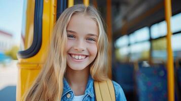 ai gerado alegre elementar escola menina sorridente e pronto para borda a amarelo escola ônibus em uma ensolarado manhã foto