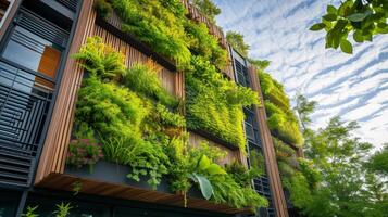 ai gerado verde vivo sustentável arquitetura com vibrante interior verde parede dentro urbano cidade foto
