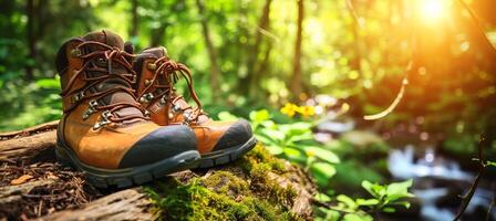 ai gerado caminhada chuteiras em musgoso registro dentro vibrante floresta com verão fluxo, panorâmico Visão com cópia de espaço foto