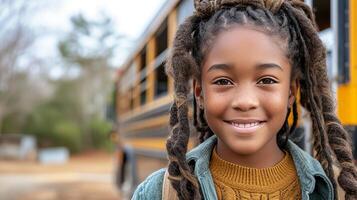 ai gerado feliz elementar escola aluna menina sorridente e animado para borda a escola ônibus foto