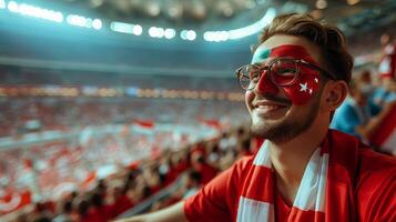 ai gerado feliz Peru bandeira face pintado ventilador torcendo às Esportes evento com embaçado estádio fundo foto