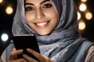 ai gerado menina com hijab é sorridente enquanto segurando uma Smartphone foto