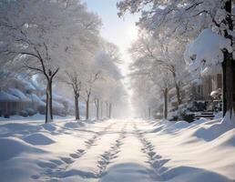 ai gerado neve coberto rua forrado com árvores foto