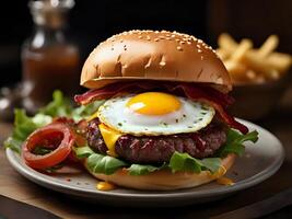 ai gerado Hamburger preenchidas com frito ovo, carne bovina, bacon, alface e queijo foto
