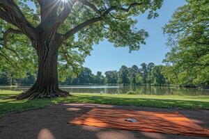 ai gerado uma cobertor e uma livro debaixo uma árvore dentro uma ensolarado Primavera parque profissional fotografia foto