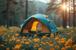 ai gerado acampamento liberdade dentro a natureza e tendo Diversão com Primavera selvagem flores Visão foto