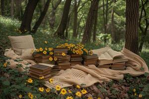 ai gerado uma cobertor e uma livro debaixo uma árvore dentro uma ensolarado Primavera parque profissional fotografia foto