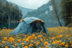 ai gerado acampamento liberdade dentro a natureza e tendo Diversão com Primavera selvagem flores Visão foto