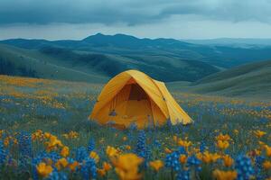 ai gerado acampamento liberdade dentro a natureza e tendo Diversão com Primavera selvagem flores Visão foto
