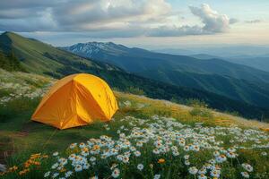 ai gerado acampamento liberdade dentro a natureza e tendo Diversão com Primavera selvagem flores Visão foto