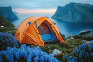 ai gerado acampamento liberdade dentro a natureza e tendo Diversão com Primavera selvagem flores Visão foto