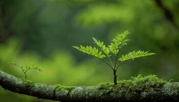jovem verde mudas próspero em uma coberto de musgo registro dentro uma exuberante floresta foto