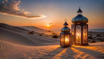 areia dunas às pôr do sol dentro uma sereno deserto panorama foto