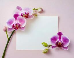 ai gerado elegante roxa orquídeas adornando uma em branco branco cartão em uma suave Rosa fundo foto