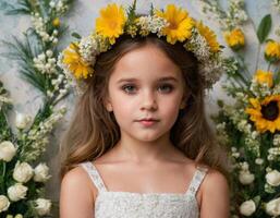 ai gerado retrato do uma menina com amarelo flores foto