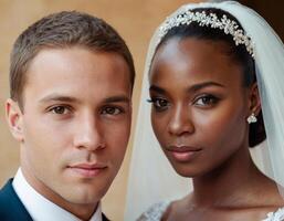 ai gerado Casamento retrato do uma jovem africano americano casal. foto