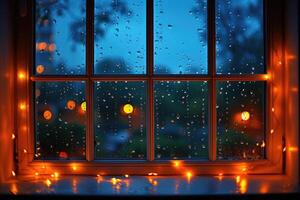 ai gerado panorâmico janela mostrando uma Visão do uma noite Tempo cidade aceso acima com luzes e chuvoso profissional fotografia foto