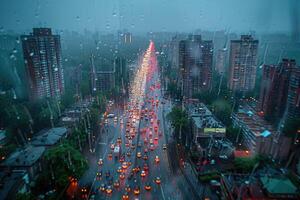 ai gerado panorâmico janela mostrando uma Visão do uma noite Tempo cidade aceso acima com luzes e chuvoso profissional fotografia foto