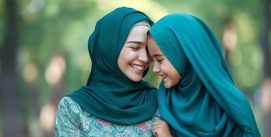 ai gerado mãe e filha sorridente vestindo hijabs dentro parque, muçulmano família momentos cenário foto
