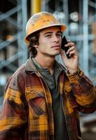 ai gerado jovem construção trabalhador dentro capacete fala em celular às a trabalho site, casa inspetor às trabalhos cenário foto