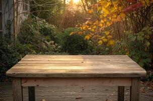 ai gerado uma jardim cena com a esvaziar de madeira mesa, marca posicionamento conceito foto