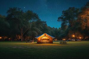 ai gerado acampamento Fora com barraca dentro parque profissional fotografia foto