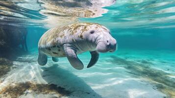 ai gerado florida peixe-boi dentro Claro água foto