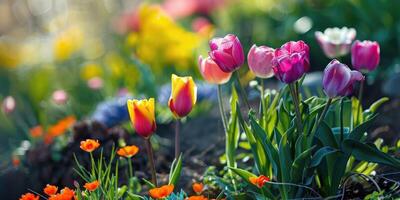 ai gerado colorida tulipas dentro a parque foto