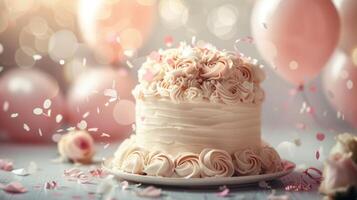 ai gerado aniversário bolo com Rosa rosas e confete em uma branco fundo foto