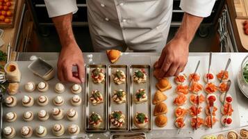 ai gerado chefe de cozinha preparando delicioso canapés dentro restaurante cozinha, fechar-se Visão foto