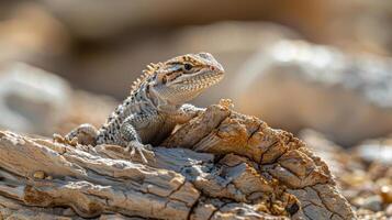 ai gerado uma deserto lagarto em repouso dentro a sombra do uma seco registro, a detalhado padrões do Está pele Misturando com a texturas do a deserto chão foto