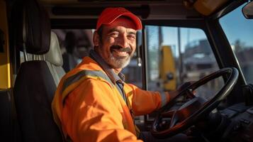 ai gerado feliz ônibus motorista foto