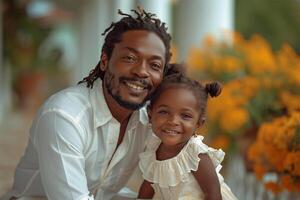 ai gerado sorridente africano americano pai e jovem filha partilha uma feliz momento juntos.pai dia foto