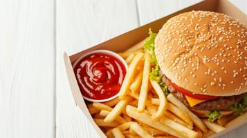 ai gerado delicioso velozes Comida saboroso francês fritas e hamburguer com molho em cartão prato foto