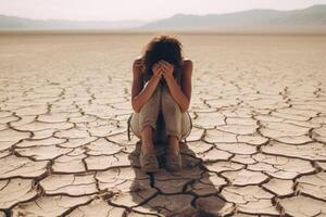 ai gerado uma mulher sentado em a terra dentro a meio do uma seco deserto foto