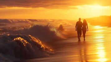 ai gerado casal caminhando em a de praia às pôr do sol foto