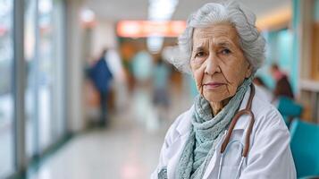 ai gerado idosos fêmea médico com uma estetoscópio dentro hospital corredor. foto