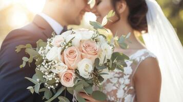 ai gerado Casamento casal se beijando dentro a parque foto