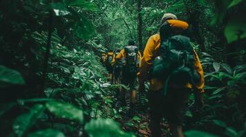 ai gerado caminhantes navegação através floresta tropical caminho. uma linha do caminhantes dentro amarelo capas de chuva caminhada uma limitar caminho dentro uma vibrante, verde floresta tropical. foto