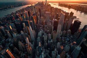 ai gerado Novo Iorque cidade Manhattan centro da cidade arranha-céus às pôr do sol. foto